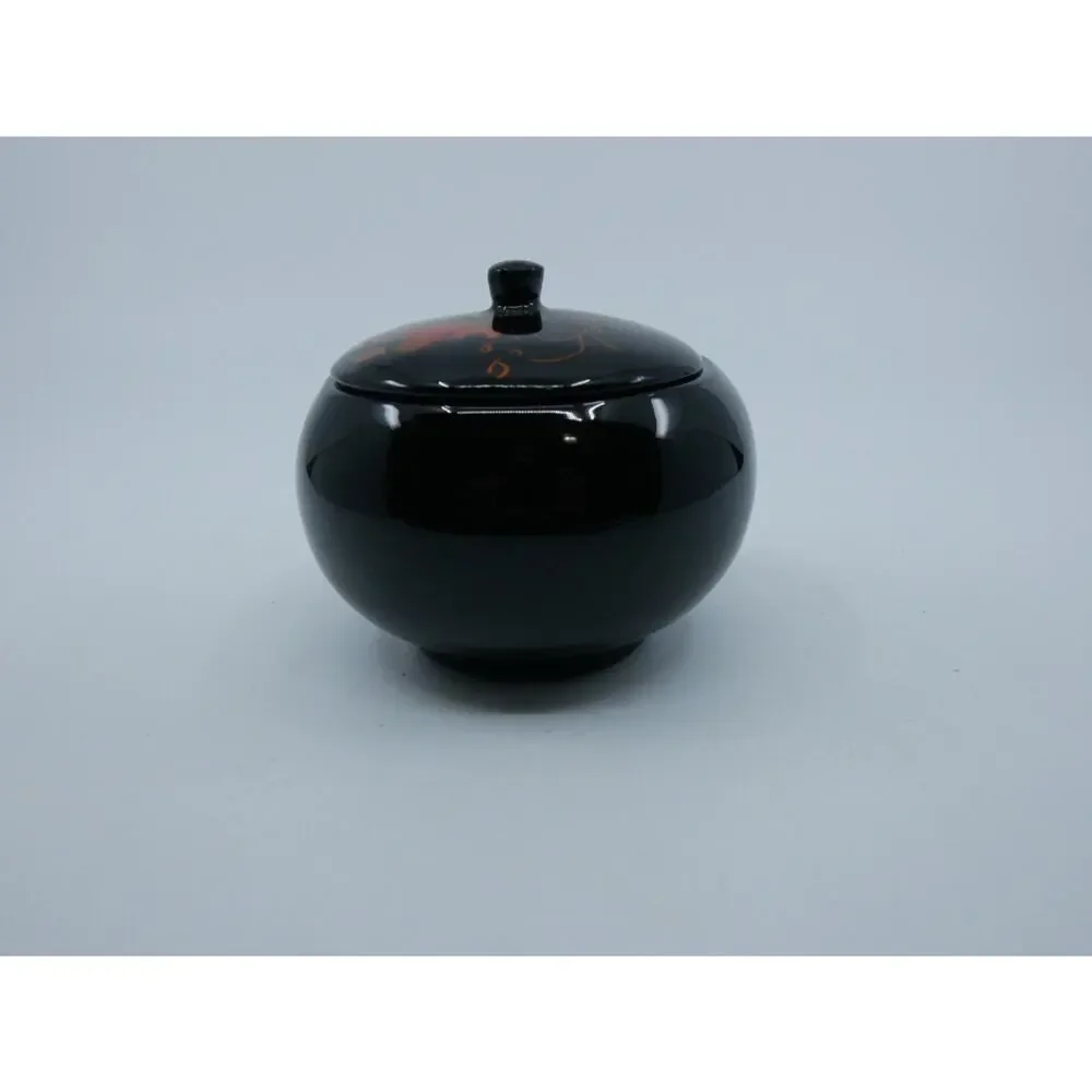 Round Lidded Lacquer Trinket Box Fancy Goldfish Hand Painted Designs Black Gloss